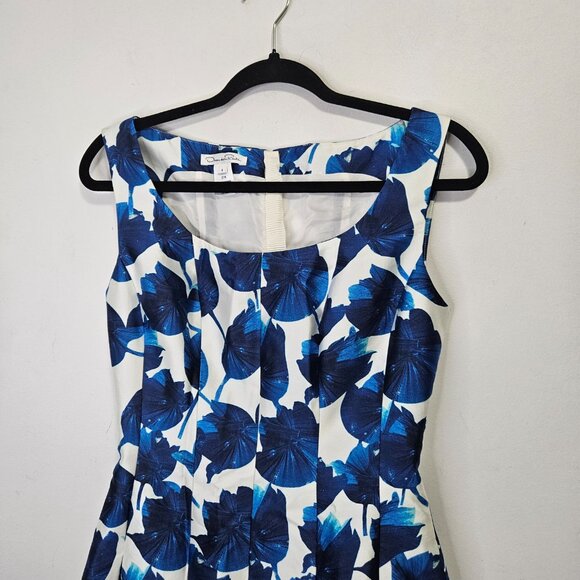 Oscar de la Renta Fit and Flare Mini Dress Sz 4 Floral Tulips Silk Blue White - Picture 2 of 13